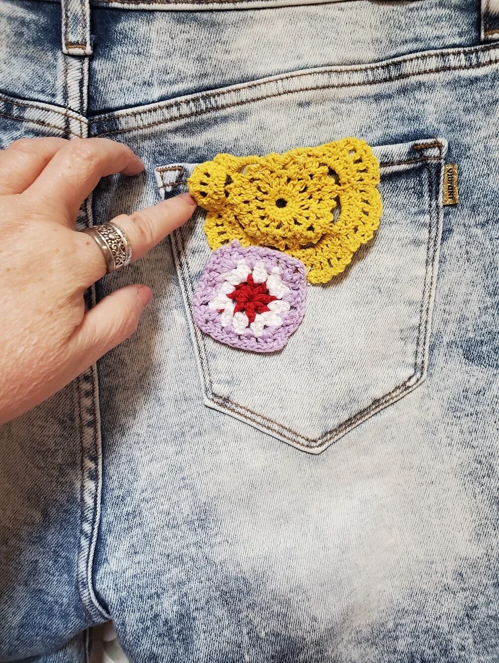 Vibrant Upcycled Kantha Hem Jean Shorts Size 15 Stretch Denim